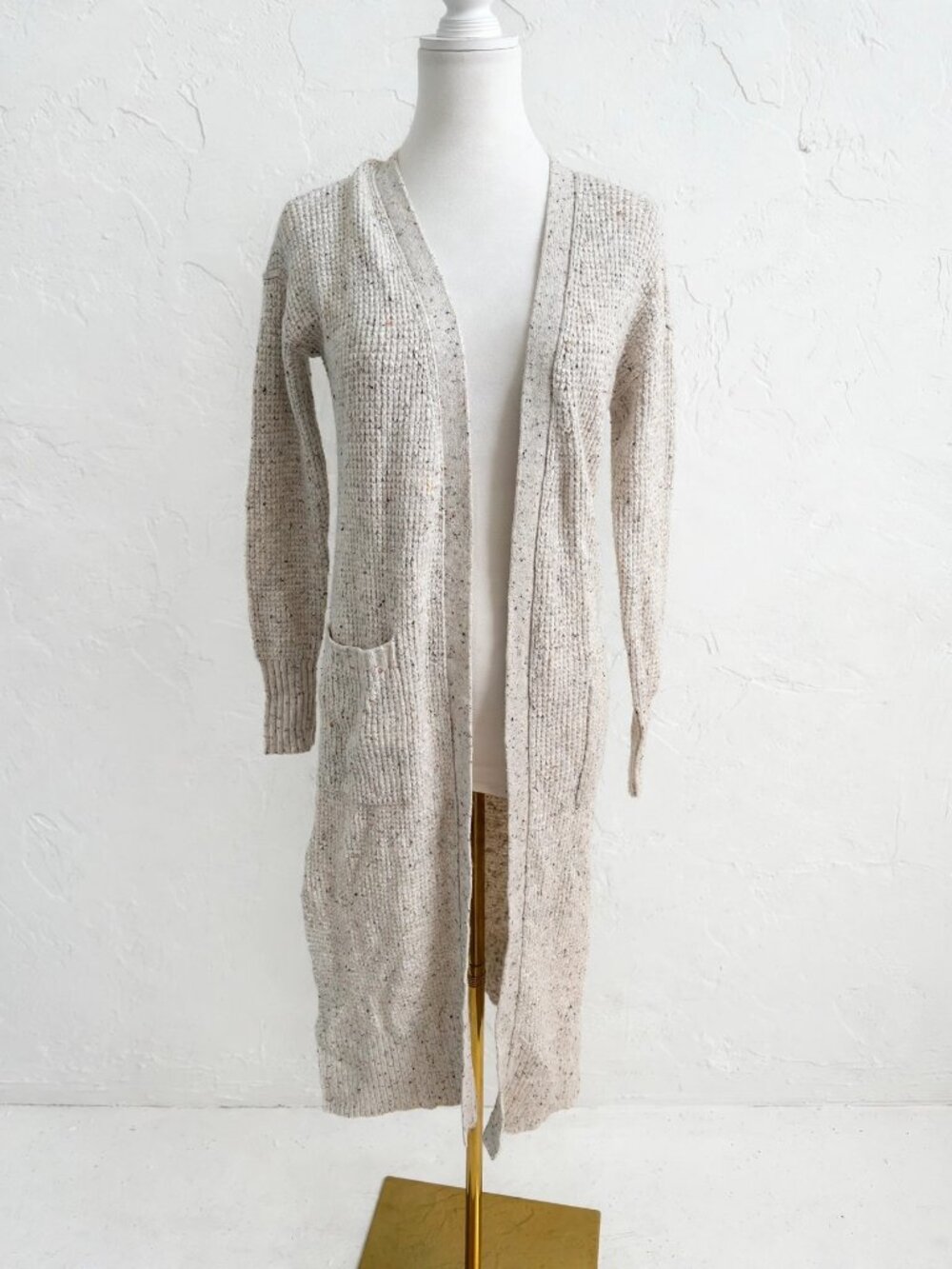 NWT Duster Cardigan XS Cream Speckled Knit Open Front Pockets Cozy Layering
